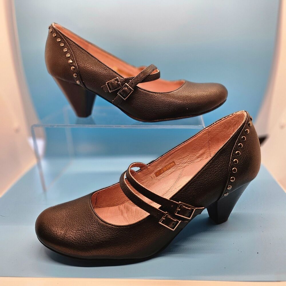 Cordani Womens Leather Round Toe Double Buckle Heels Mary Janes Black EU 38 7.5
